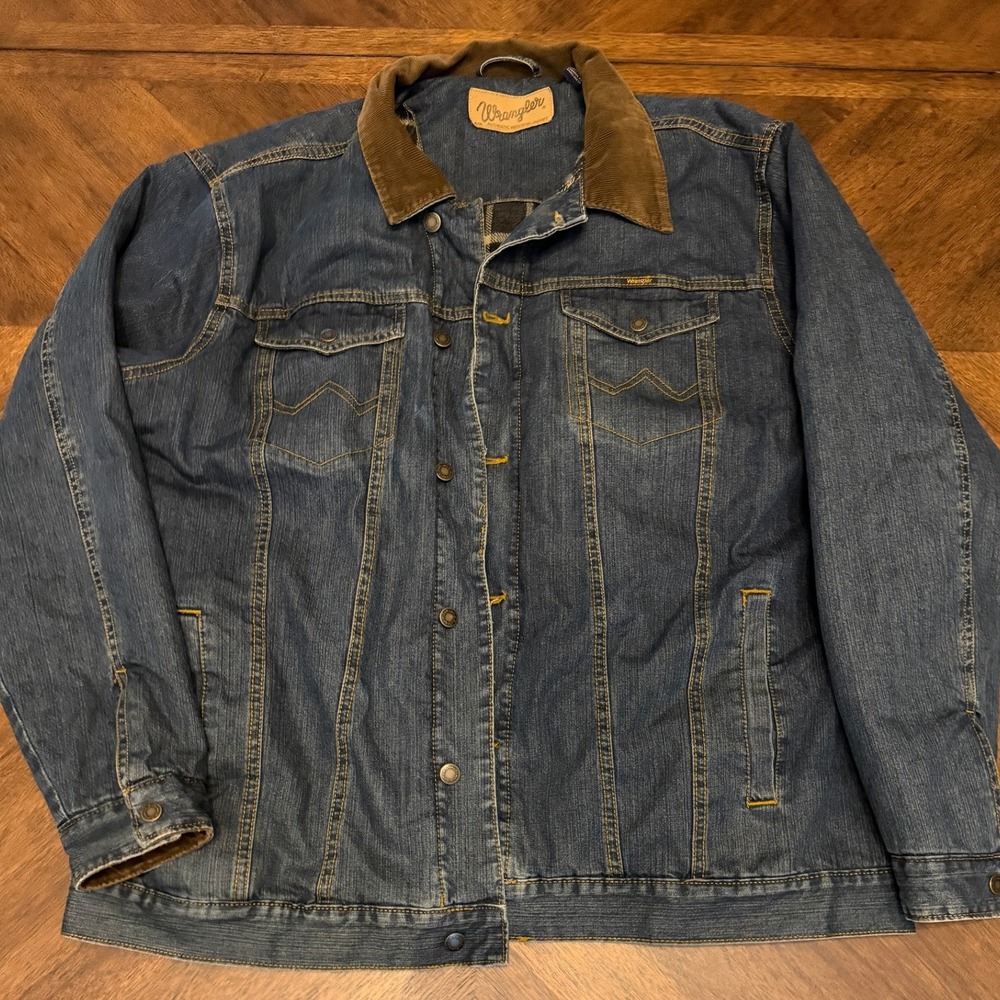 Wrangler Authentic Western Denim Jacket Blue Corduroy Collar Plaid Lined XLT